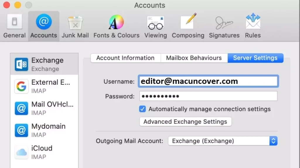 add exchange account details on mac