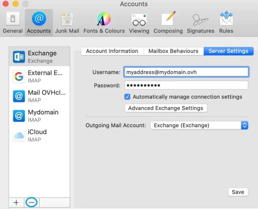remove exchange account on mac