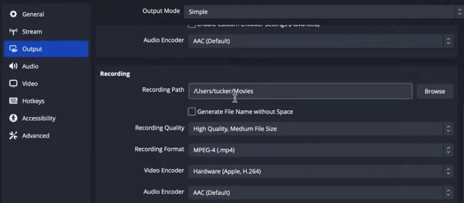 OBS output path selection