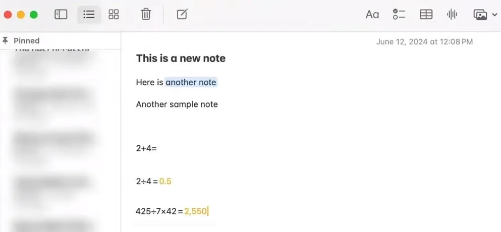 macOS 15 Notes with calculator 