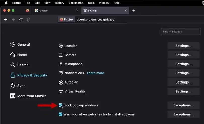 How to turn off pop up blocker on mac in mozilla firefox