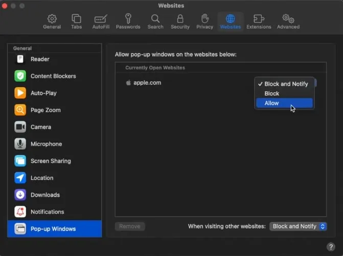 turn off pop up blocker on mac in safari